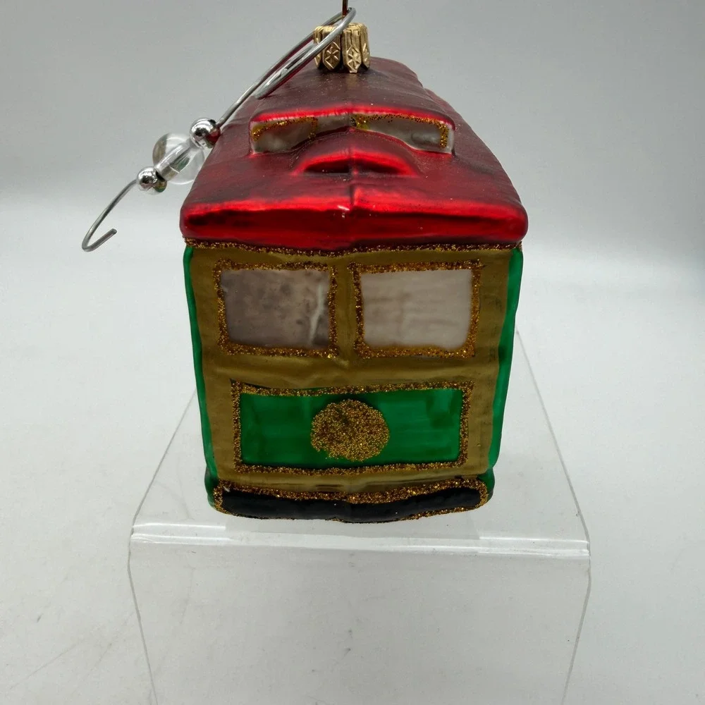 Glass Trolley Car Christmas tree Ornament Red Green Gold Glitter Train San Fran